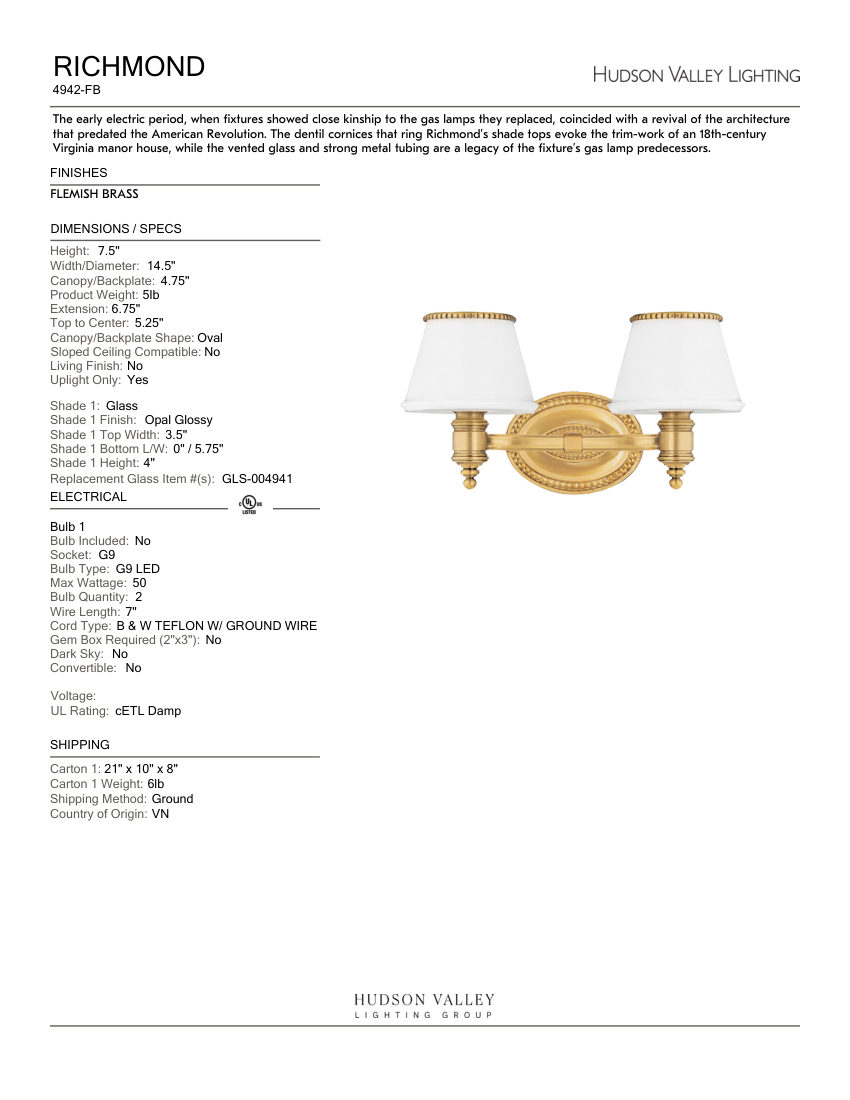 Hudson Valley Lighting 4942-FB cut sheet — first page