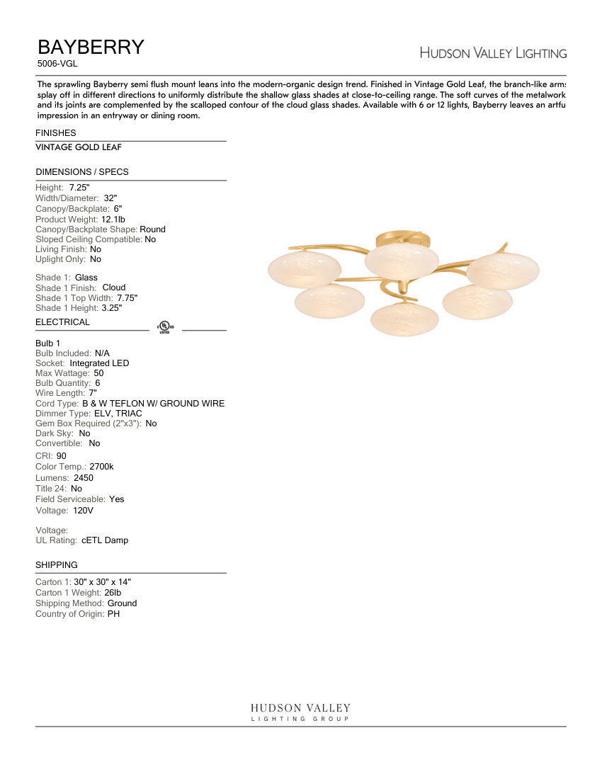 Hudson Valley Lighting 5006-VGL cut sheet — first page