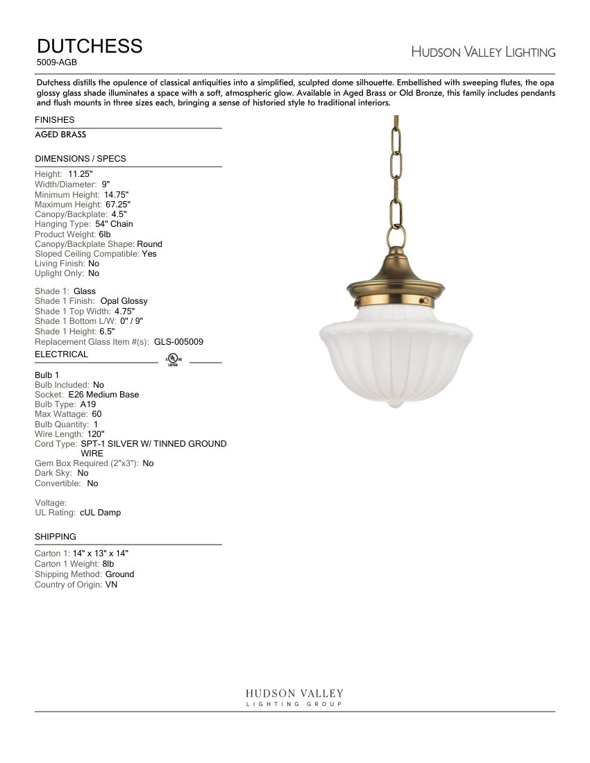 Hudson Valley Lighting 5009-AGB cut sheet — first page