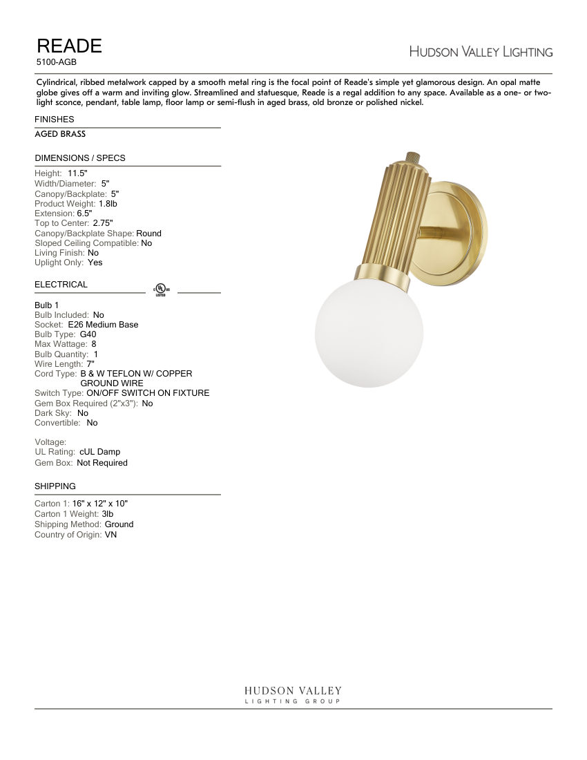 Hudson Valley Lighting 5100-AGB cut sheet — first page