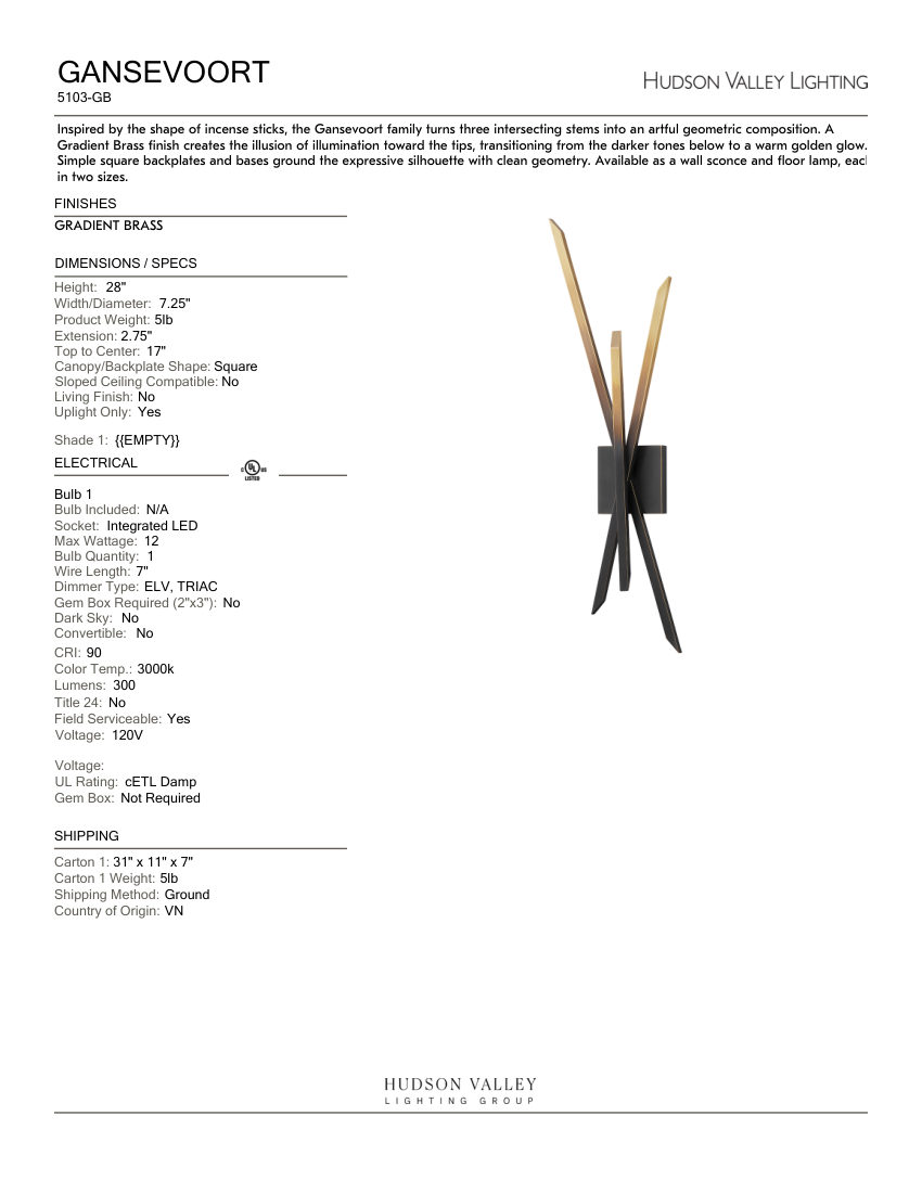 Hudson Valley Lighting 5103-GB cut sheet — first page