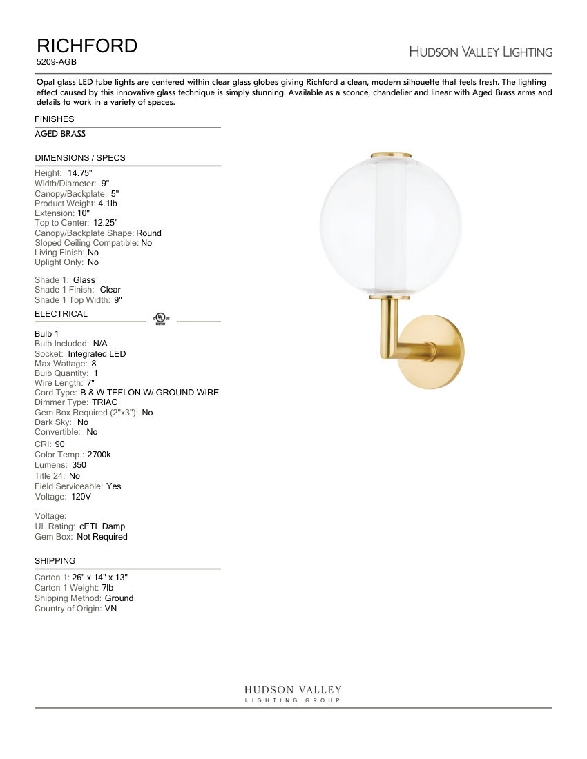 Hudson Valley Lighting 5209-AGB cut sheet — first page