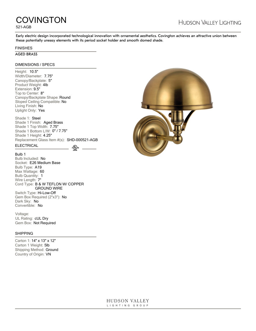 Hudson Valley Lighting 521-AGB cut sheet — first page