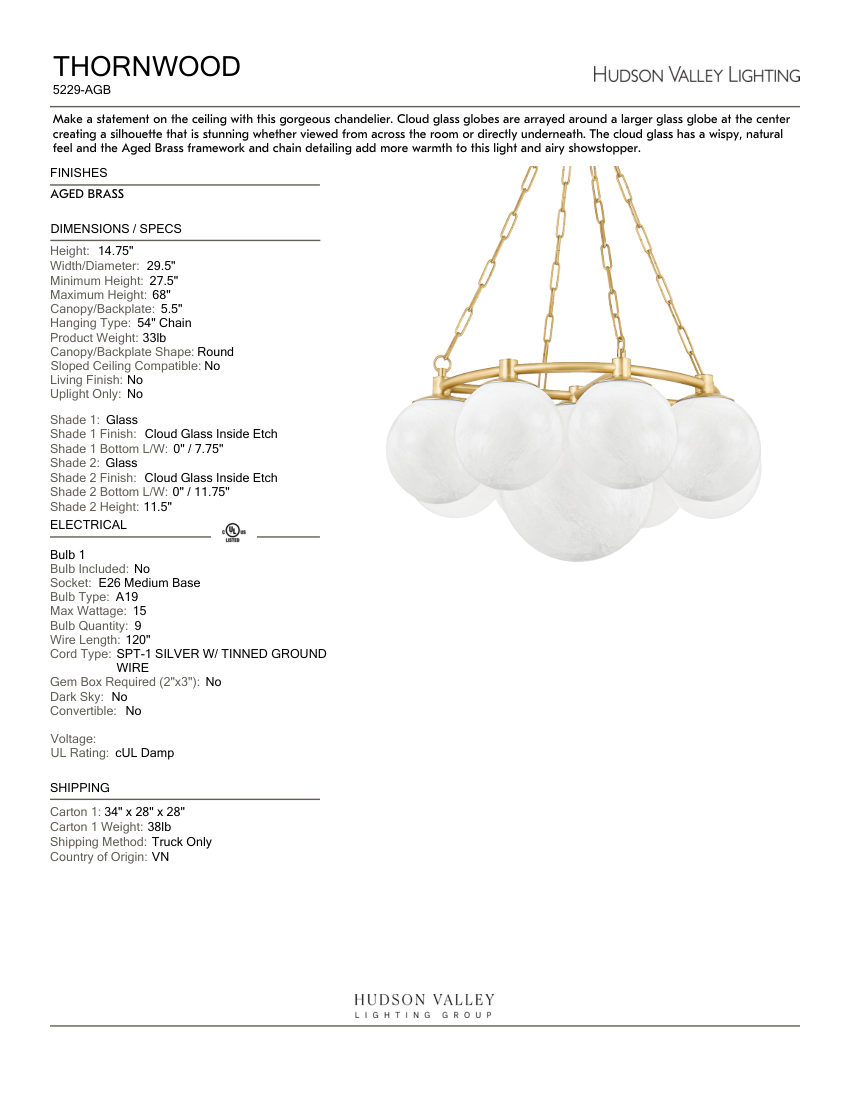 Hudson Valley Lighting 5229-AGB cut sheet — first page