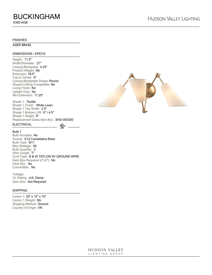 Hudson Valley Lighting 5300-AGB cut sheet — first page