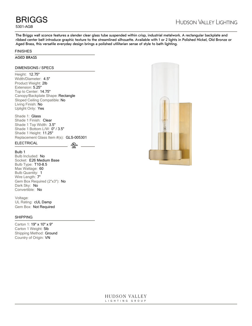 Hudson Valley Lighting 5301-AGB cut sheet — first page