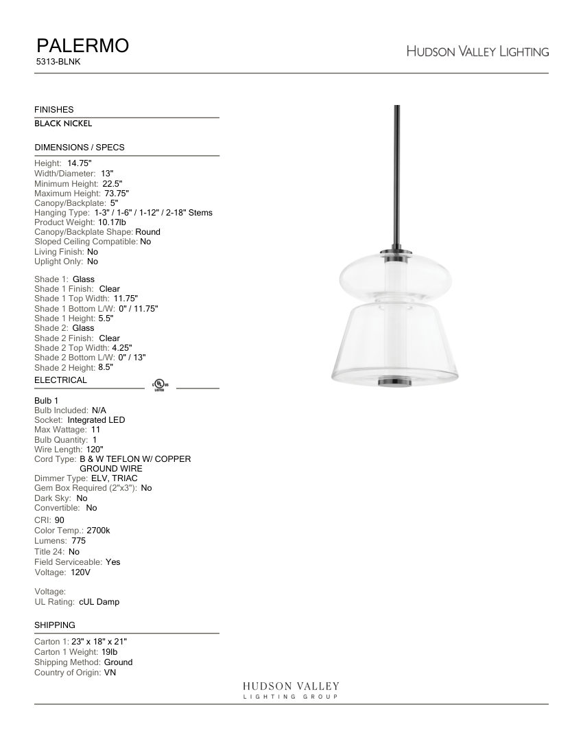 Hudson Valley Lighting 5313-BLNK cut sheet — first page