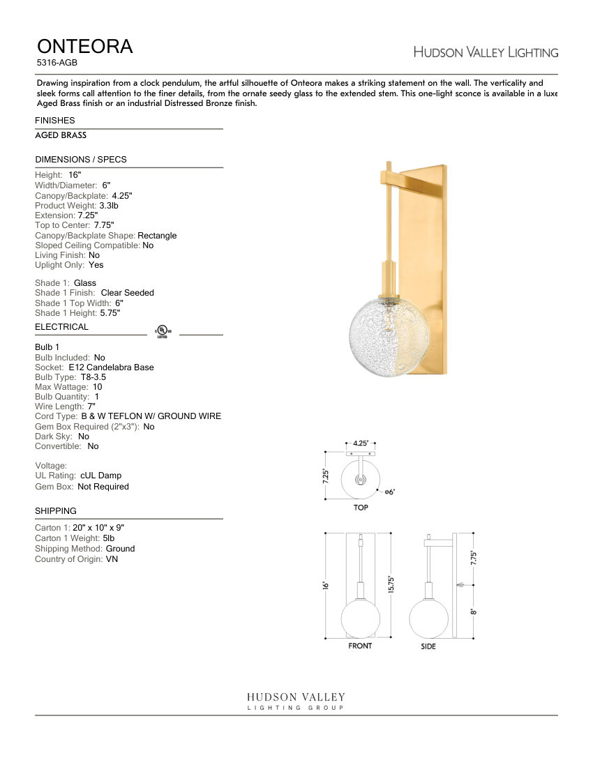 Hudson Valley Lighting 5316-AGB cut sheet — first page