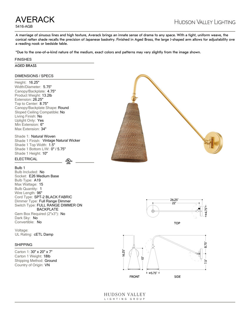 Hudson Valley Lighting 5416-AGB cut sheet — first page