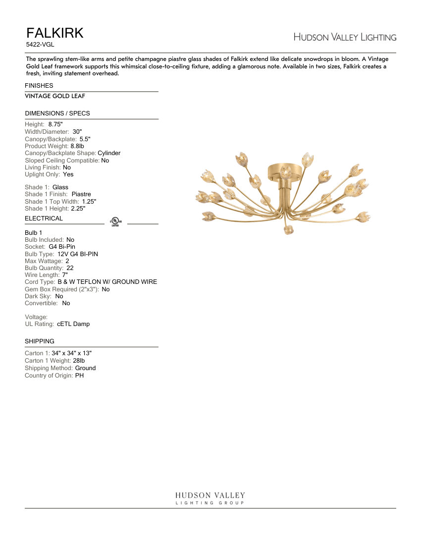 Hudson Valley Lighting 5422-VGL cut sheet — first page