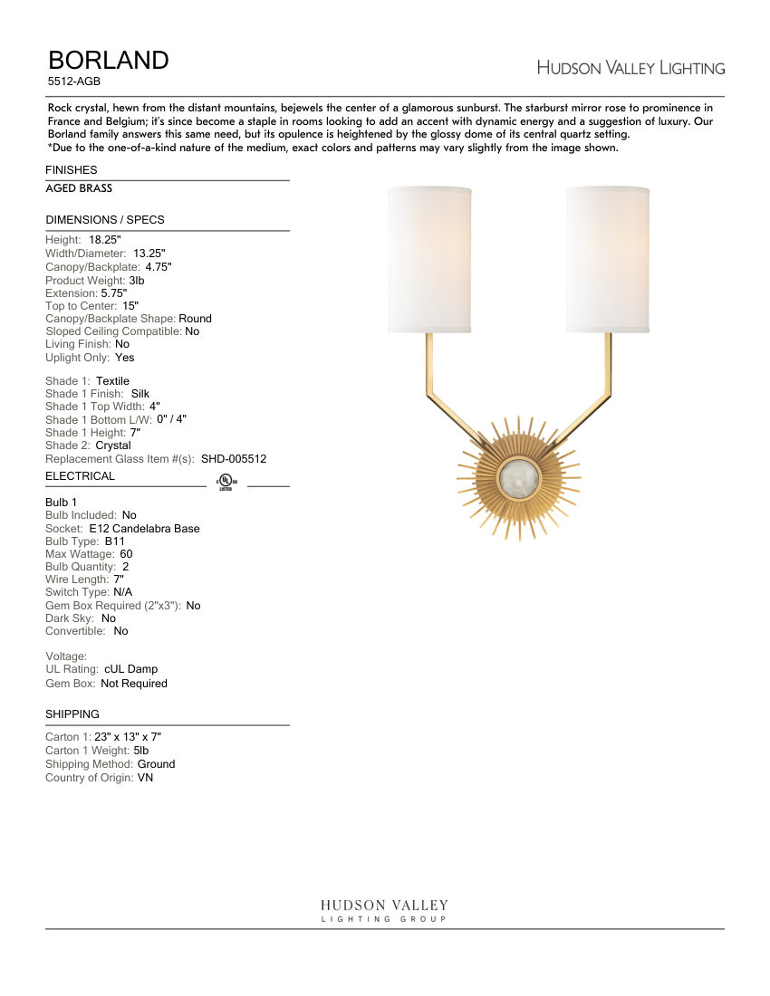 Hudson Valley Lighting 5512-AGB cut sheet — first page