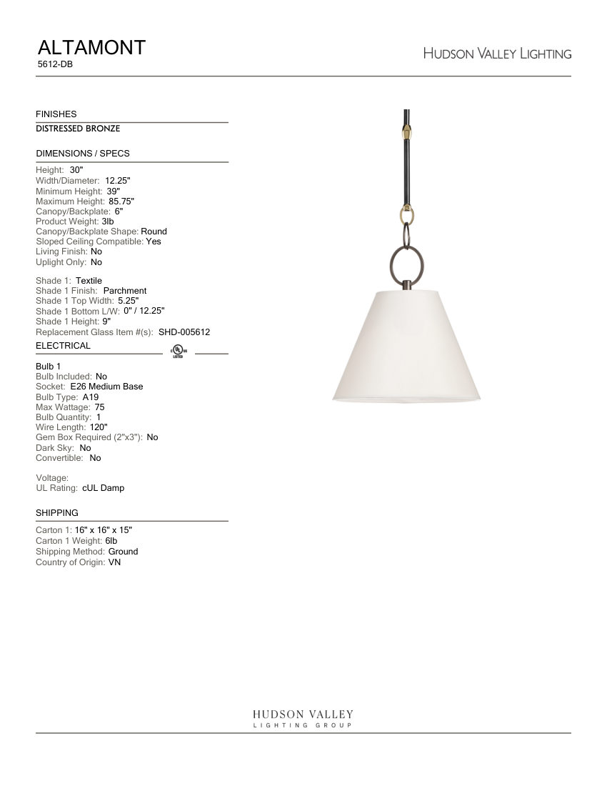 Hudson Valley Lighting 5612-DB cut sheet — first page