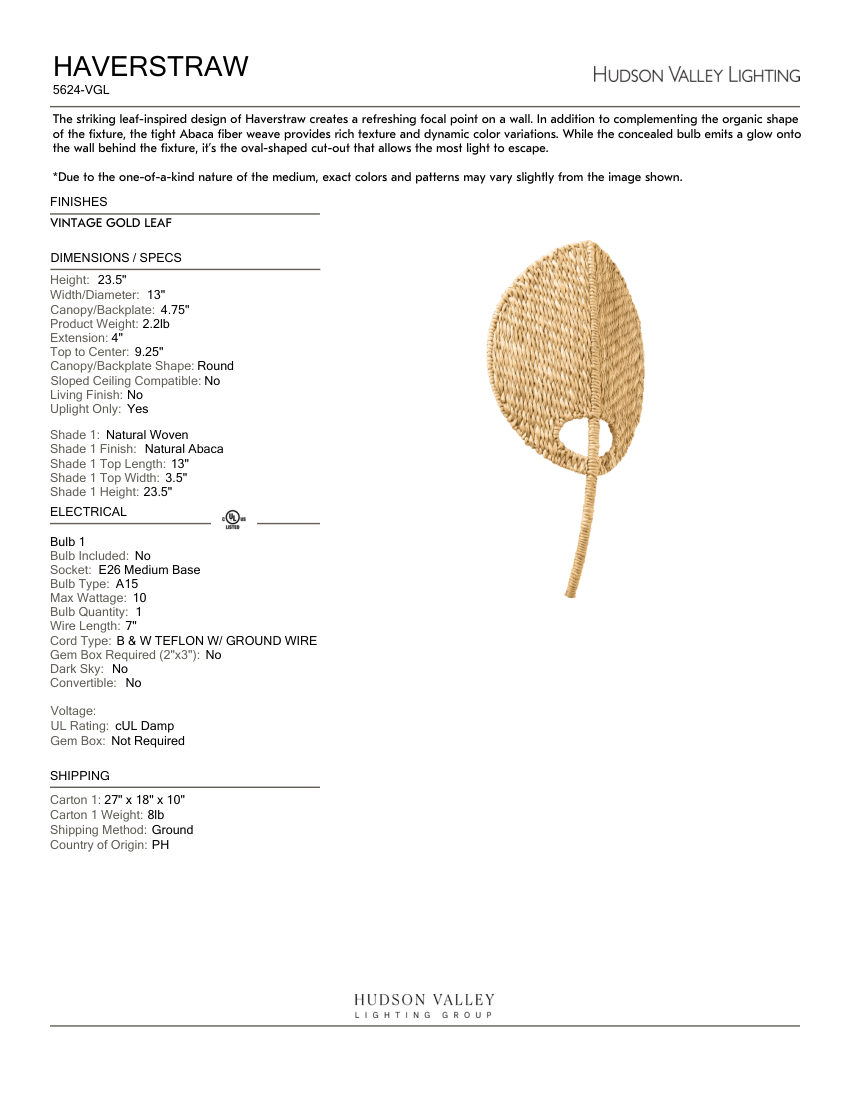 Hudson Valley Lighting 5624-VGL cut sheet — first page