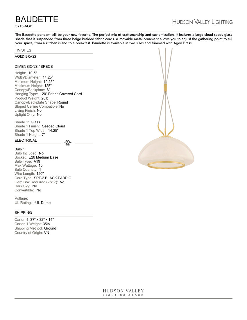 Hudson Valley Lighting 5715-AGB cut sheet — first page