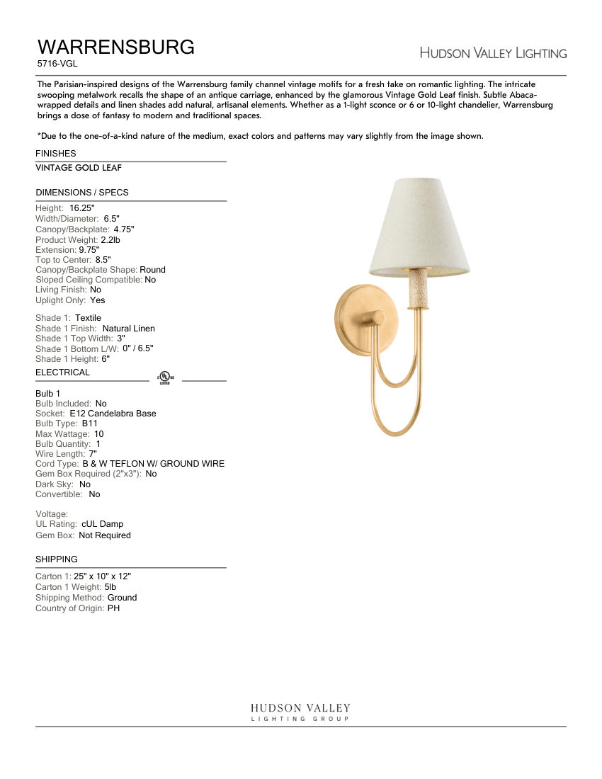 Hudson Valley Lighting 5716-VGL cut sheet — first page