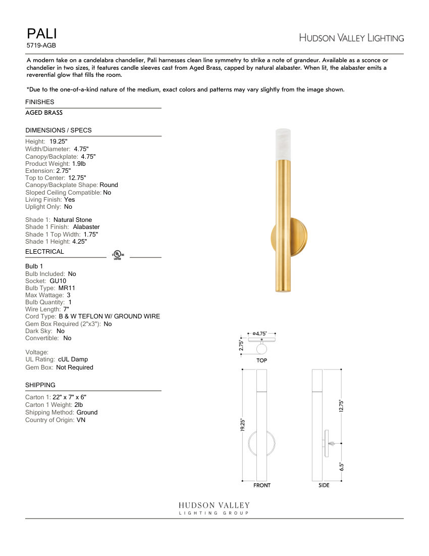 Hudson Valley Lighting 5719-AGB cut sheet — first page