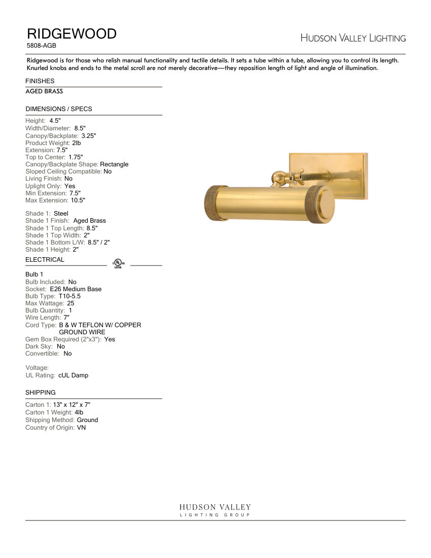 Hudson Valley Lighting 5808-AGB cut sheet — first page