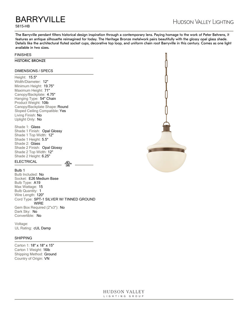 Hudson Valley Lighting 5815-HB cut sheet — first page
