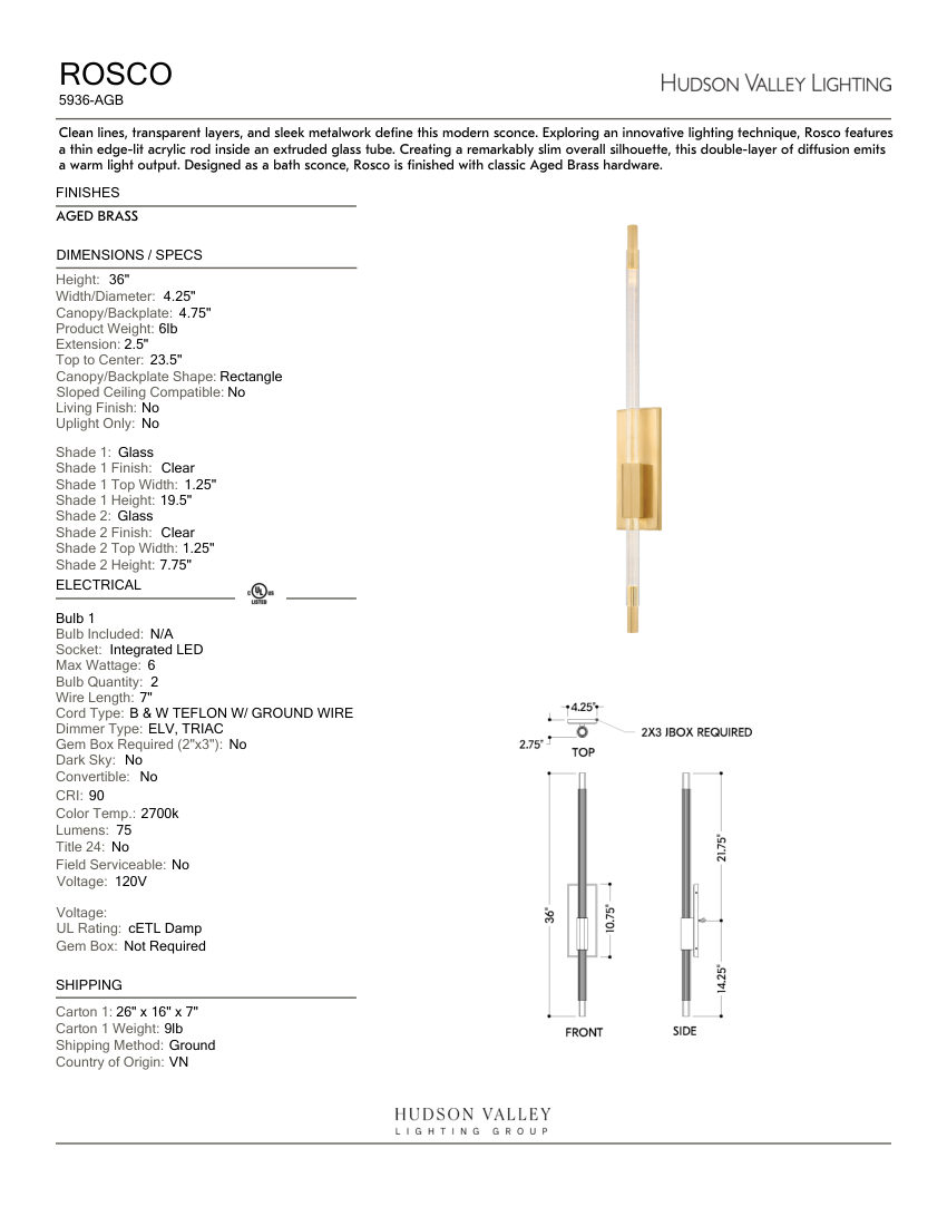 Hudson Valley Lighting 5936-AGB cut sheet — first page