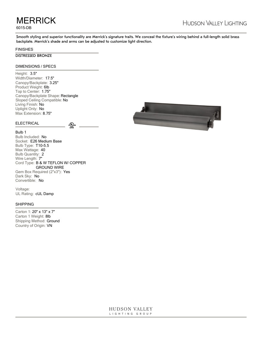 Hudson Valley Lighting 6015-DB cut sheet — first page