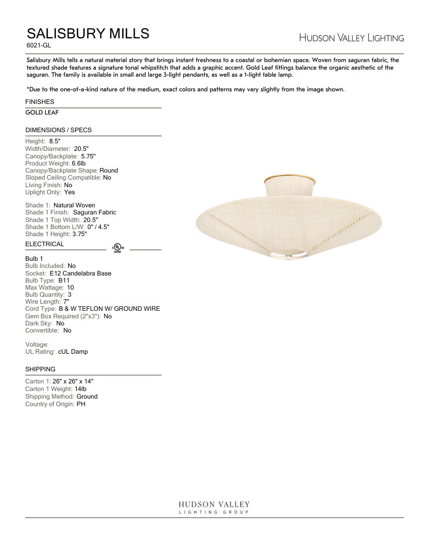 Hudson Valley Lighting 6021-GL cut sheet — first page
