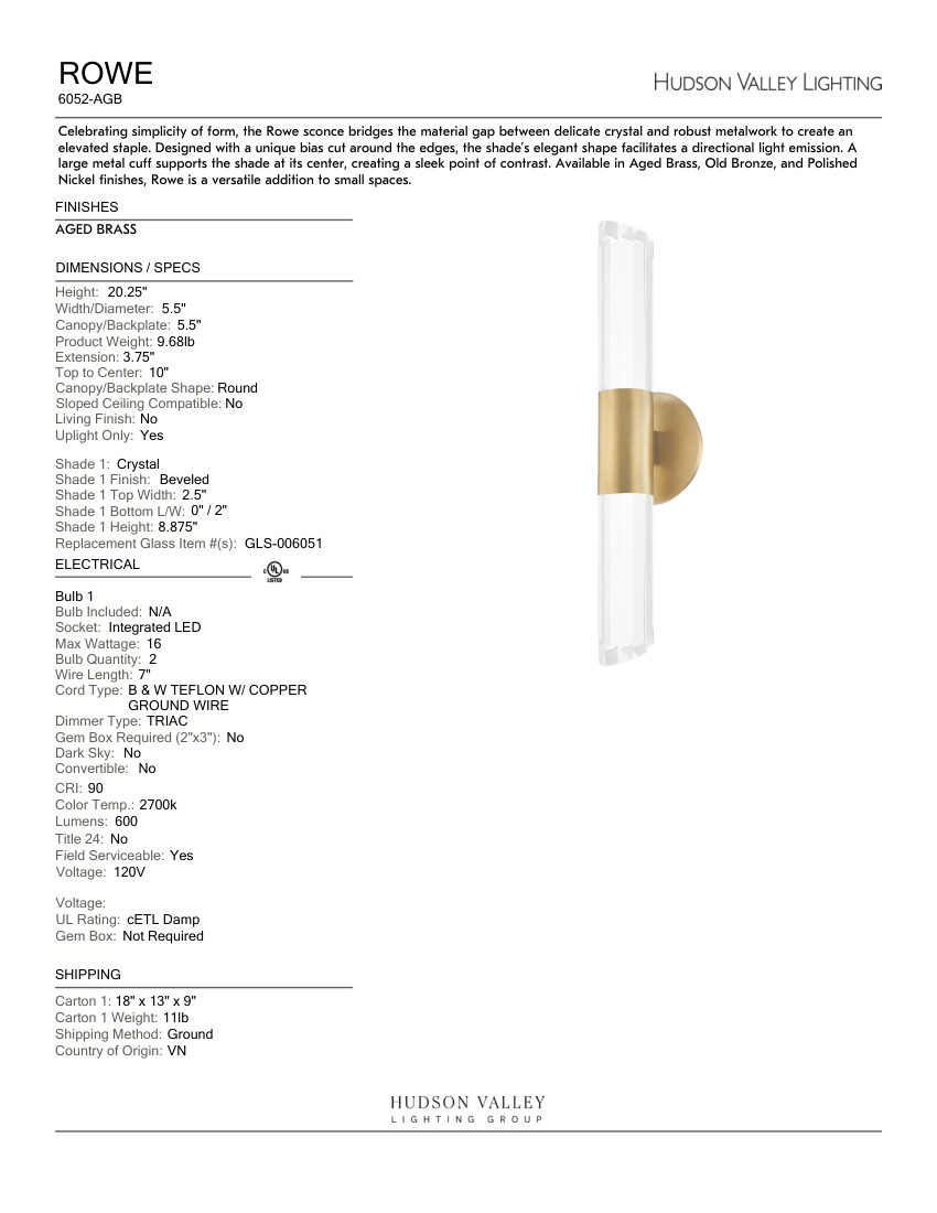 Hudson Valley Lighting 6052-AGB cut sheet — first page