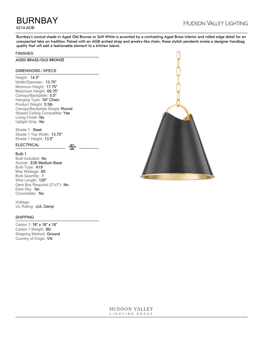 Hudson Valley Lighting 6214-AOB cut sheet — first page