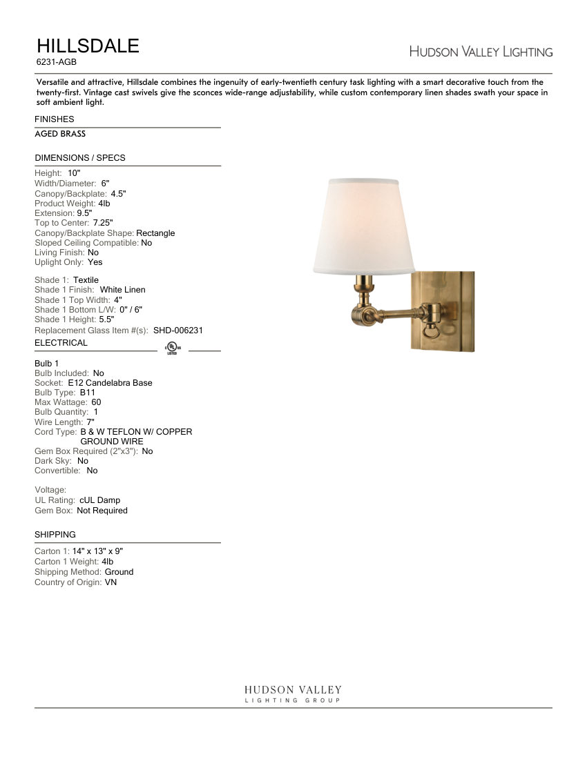 Hudson Valley Lighting 6231-AGB cut sheet — first page