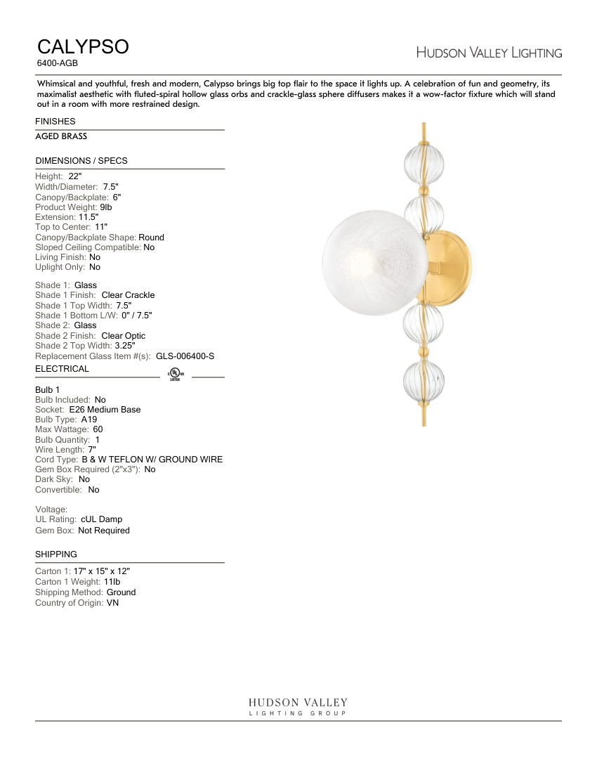 Hudson Valley Lighting 6400-AGB cut sheet — first page