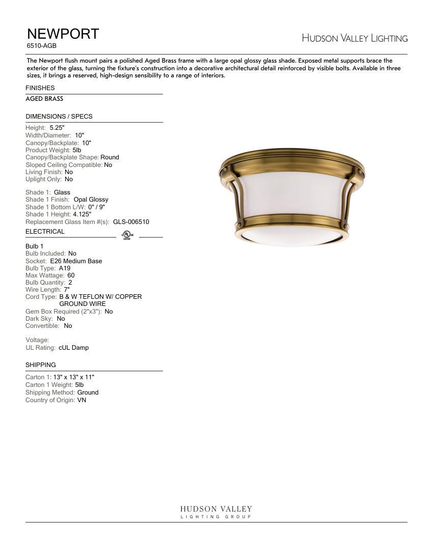 Hudson Valley Lighting 6510-AGB cut sheet — first page