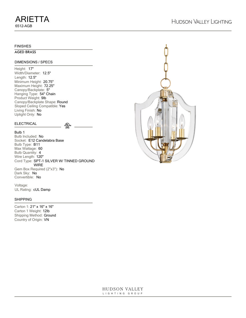 Hudson Valley Lighting 6512-AGB cut sheet — first page
