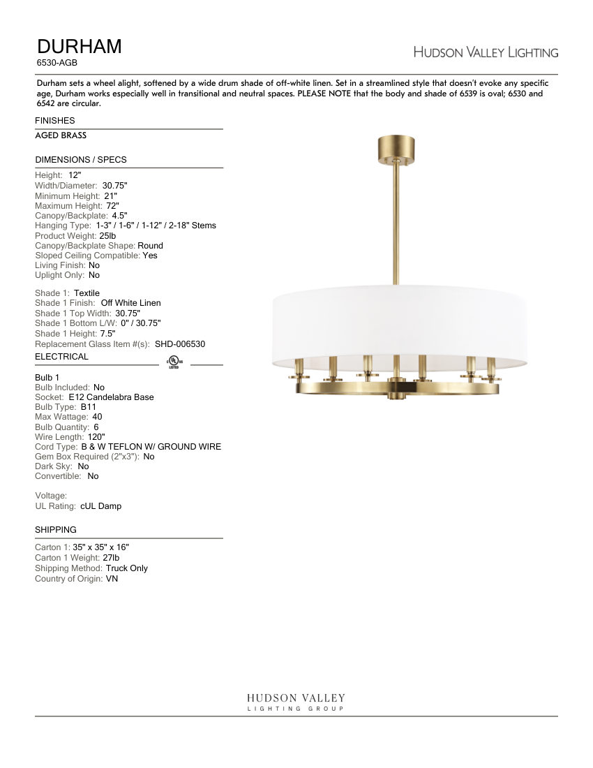 Hudson Valley Lighting 6530-AGB cut sheet — first page