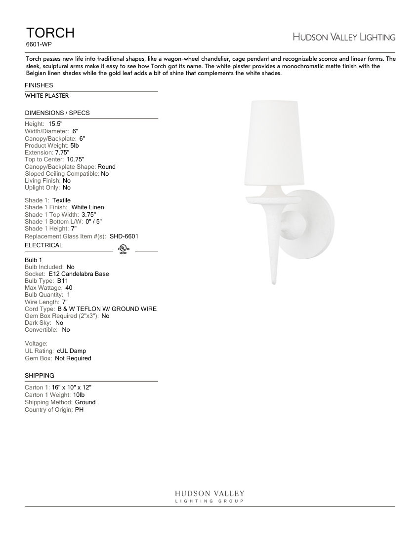 Hudson Valley Lighting 6601-WP cut sheet — first page