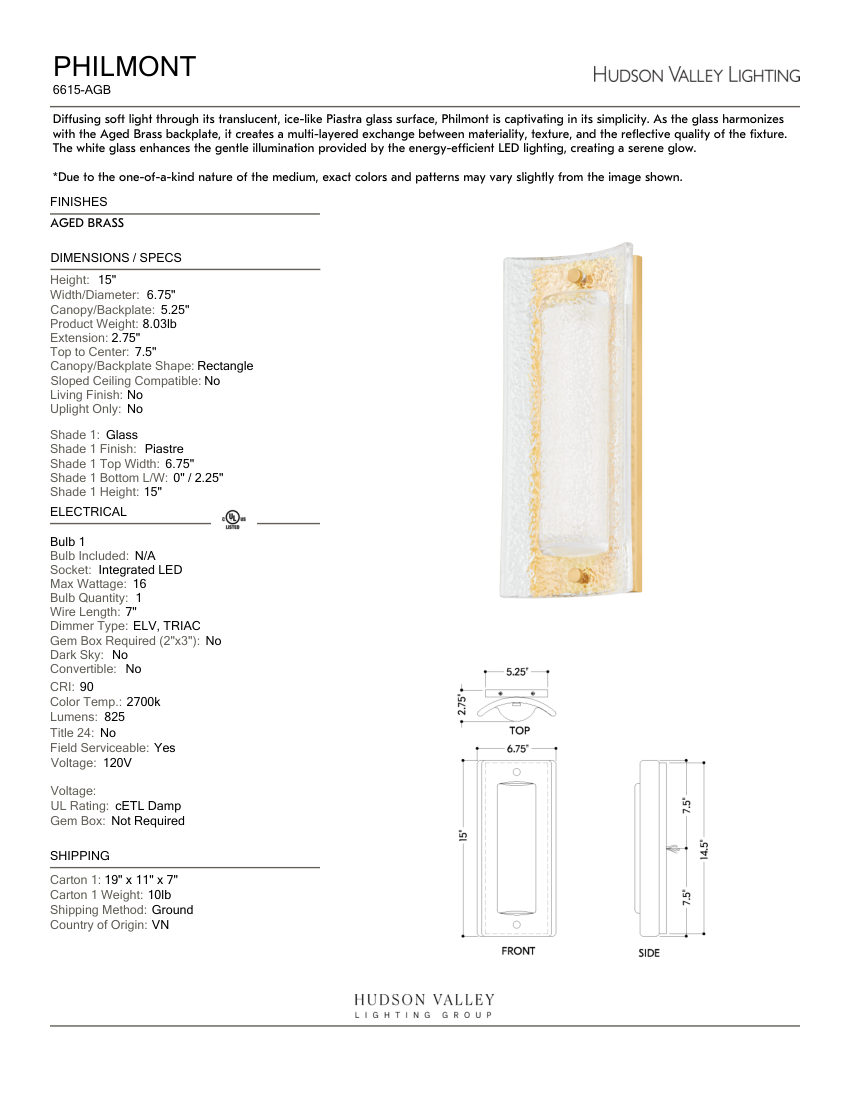 Hudson Valley Lighting 6615-AGB cut sheet — first page