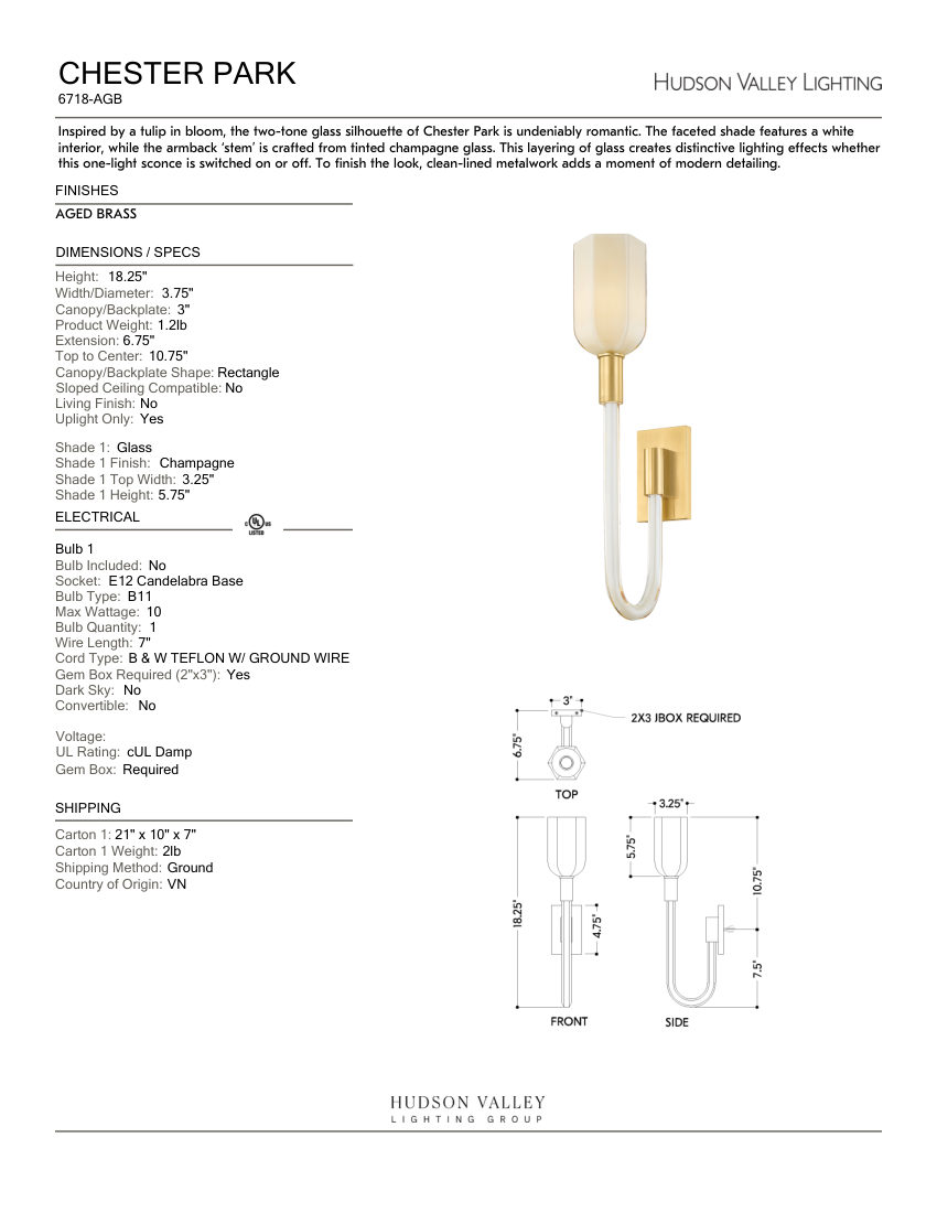 Hudson Valley Lighting 6718-AGB cut sheet — first page