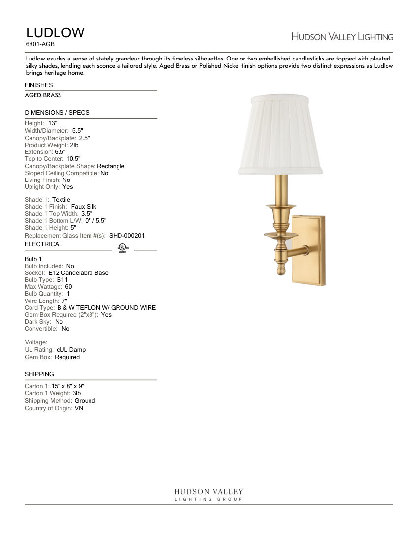 Hudson Valley Lighting 6801-AGB cut sheet — first page