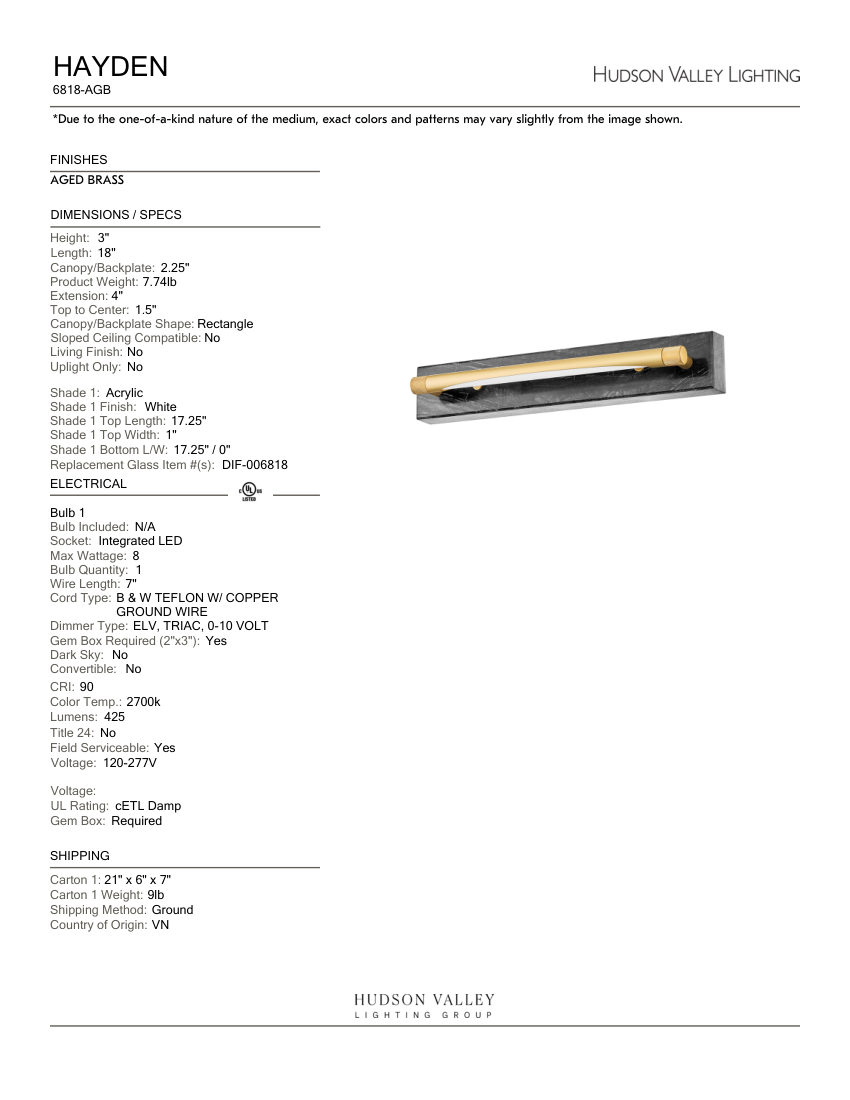 Hudson Valley Lighting 6818-AGB cut sheet — first page