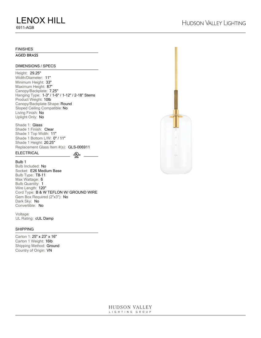 Hudson Valley Lighting 6911-AGB cut sheet — first page
