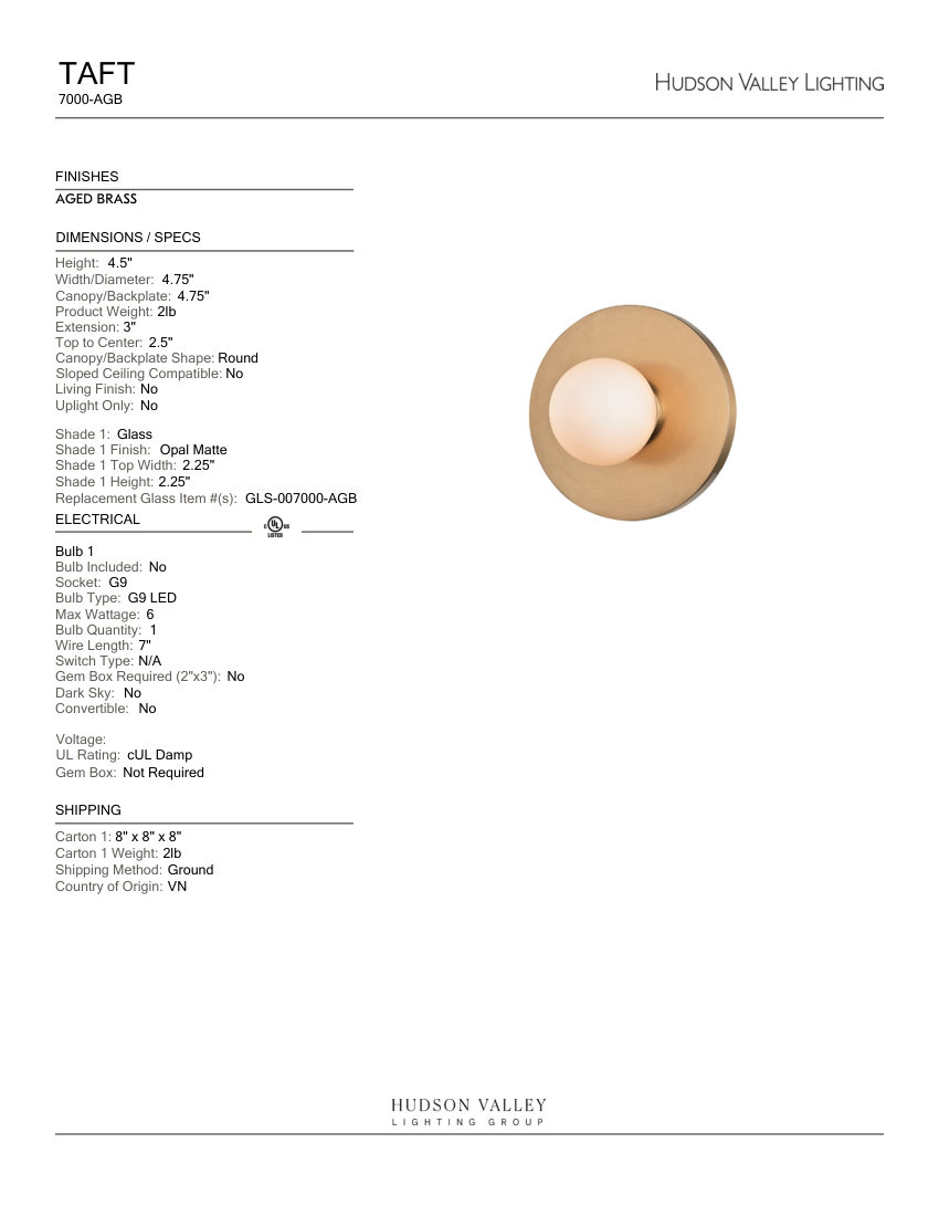 Hudson Valley Lighting 7000-AGB cut sheet — first page