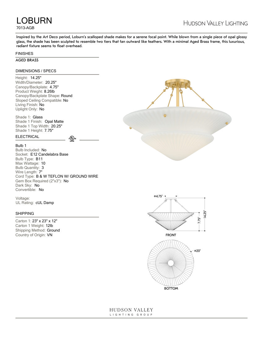 Hudson Valley Lighting 7013-AGB cut sheet — first page