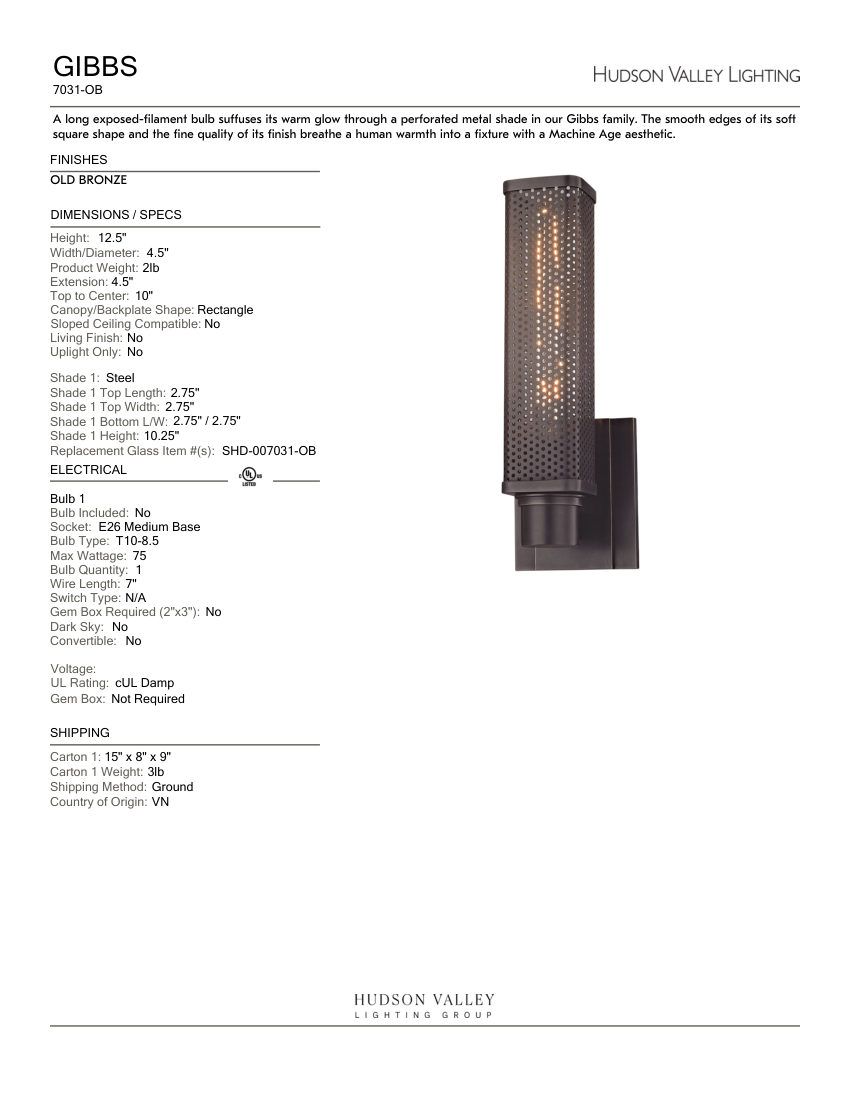 Hudson Valley Lighting 7031-OB cut sheet — first page