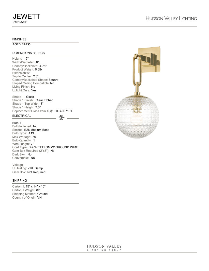 Hudson Valley Lighting 7101-AGB cut sheet — first page