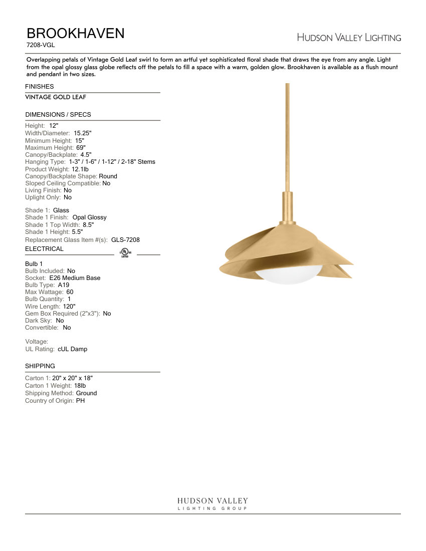 Hudson Valley Lighting 7208-VGL cut sheet — first page