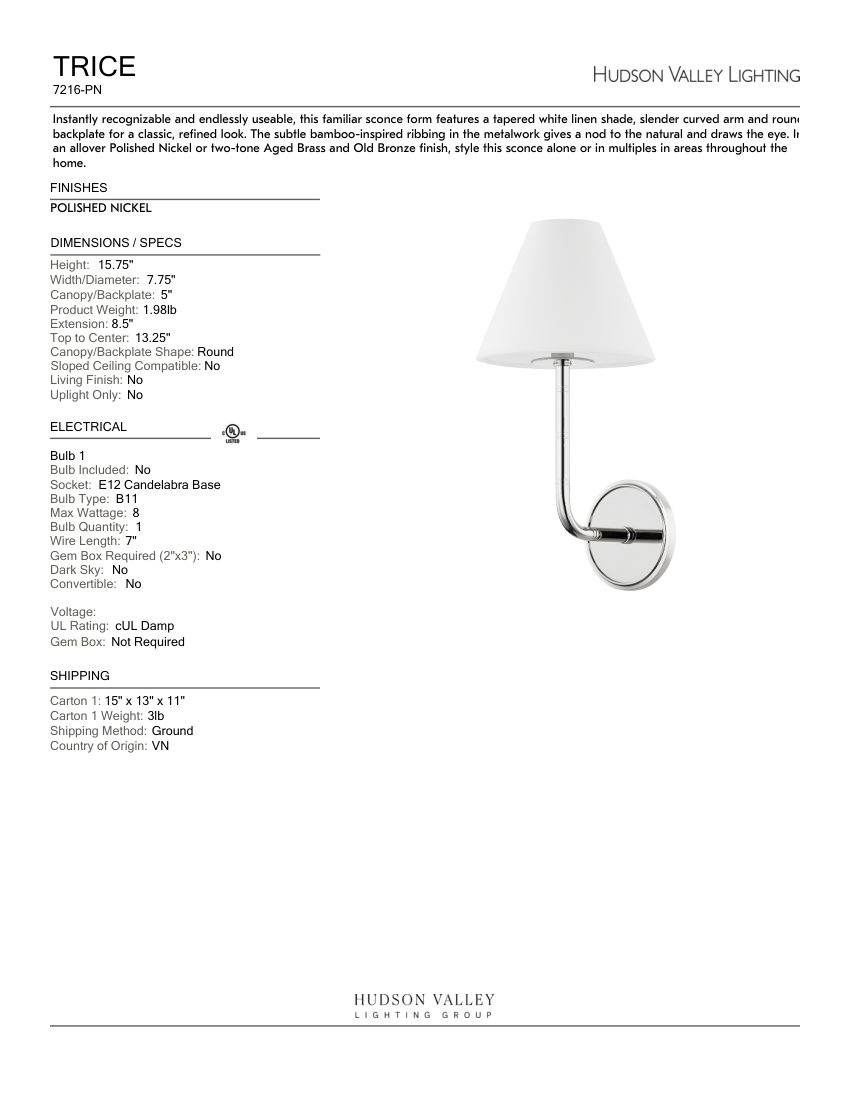 Hudson Valley Lighting 7216-PN cut sheet — first page