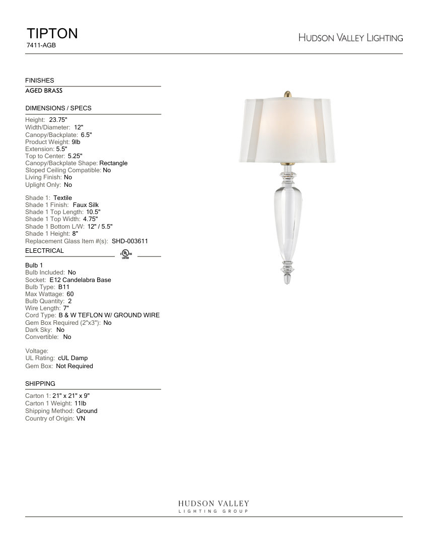 Hudson Valley Lighting 7411-AGB cut sheet — first page