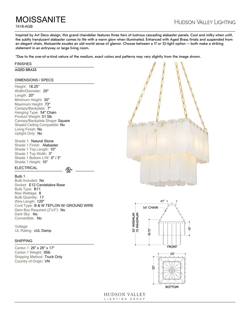 Hudson Valley Lighting 7418-AGB cut sheet — first page