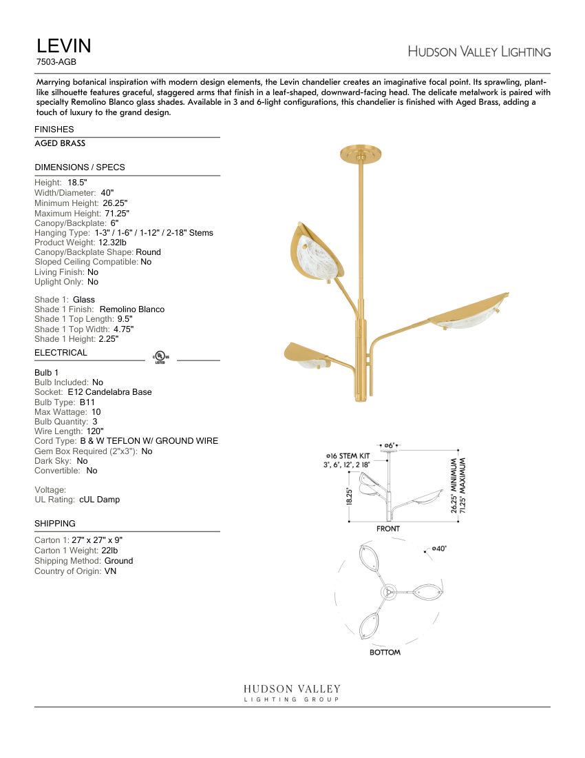 Hudson Valley Lighting 7503-AGB cut sheet — first page