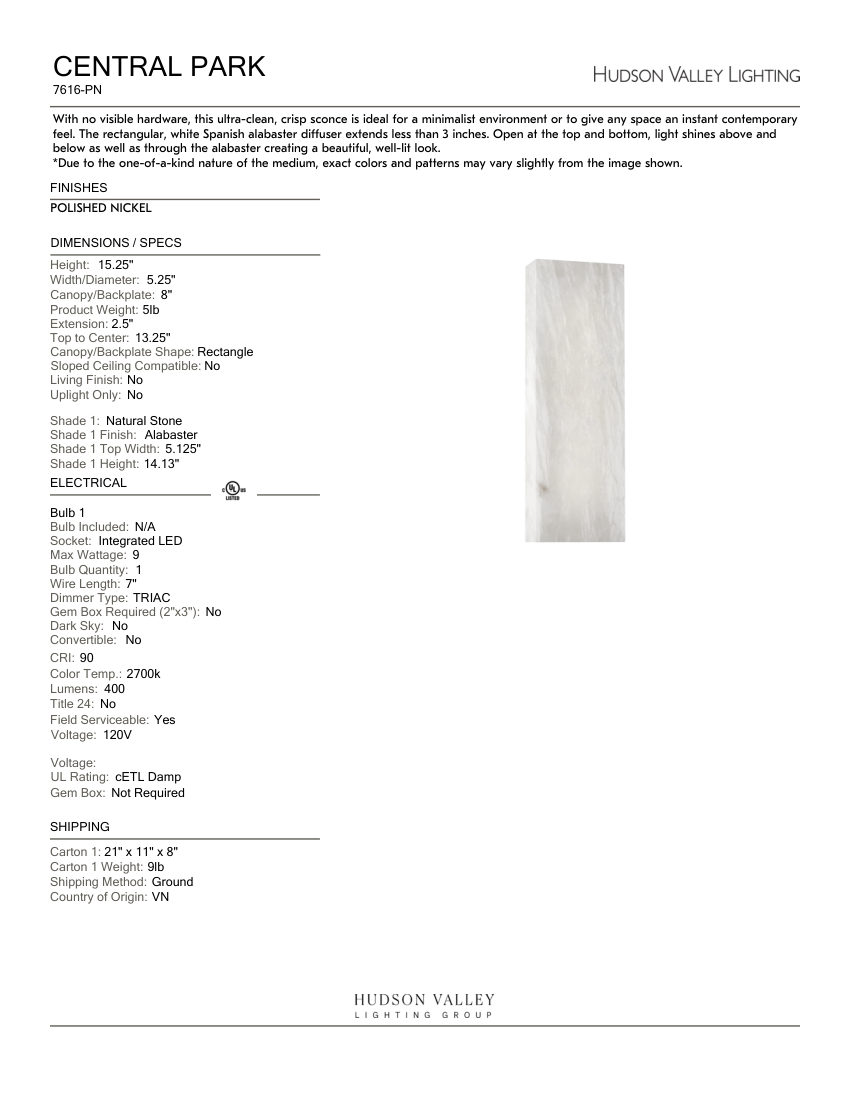 Hudson Valley Lighting 7616-PN cut sheet — first page