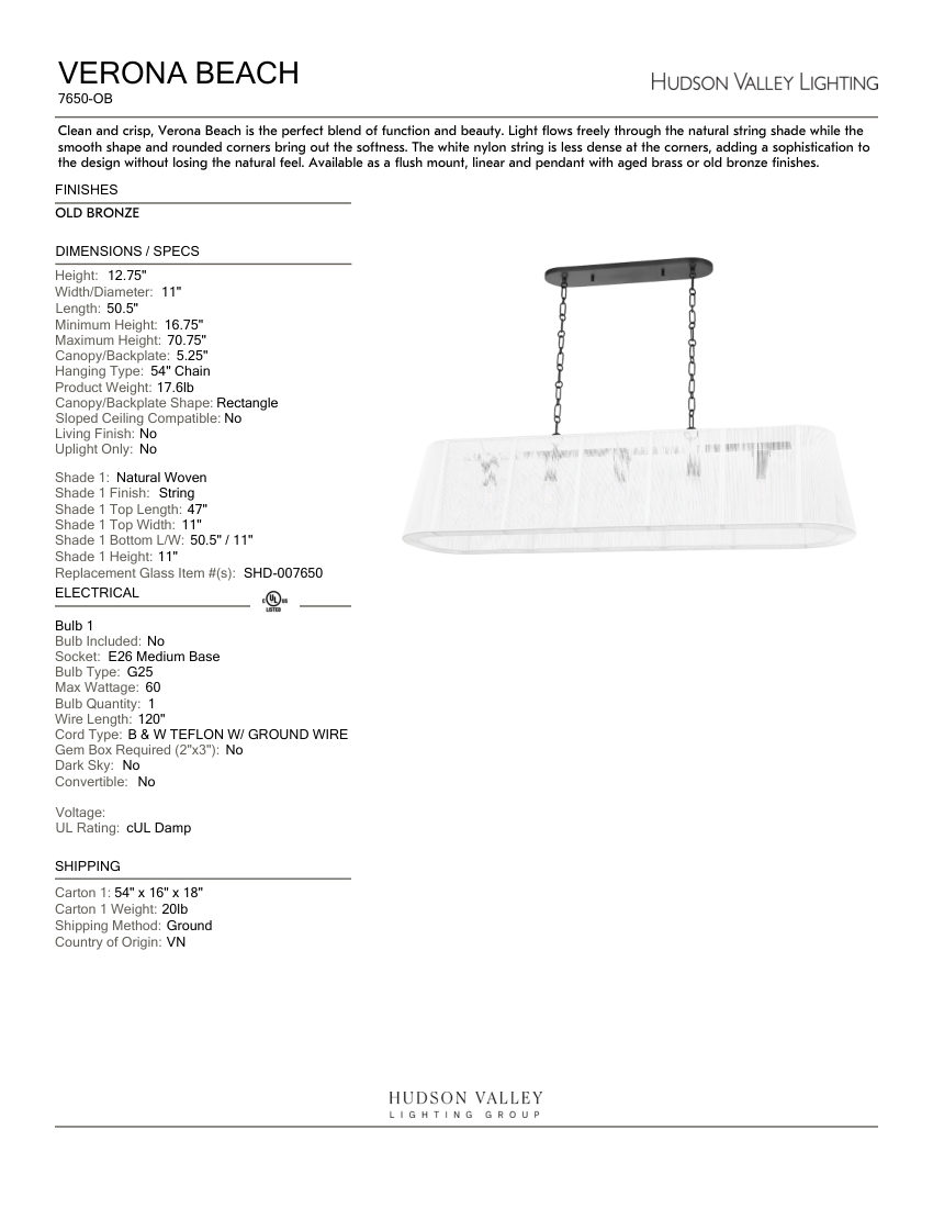 Hudson Valley Lighting 7650-OB cut sheet — first page