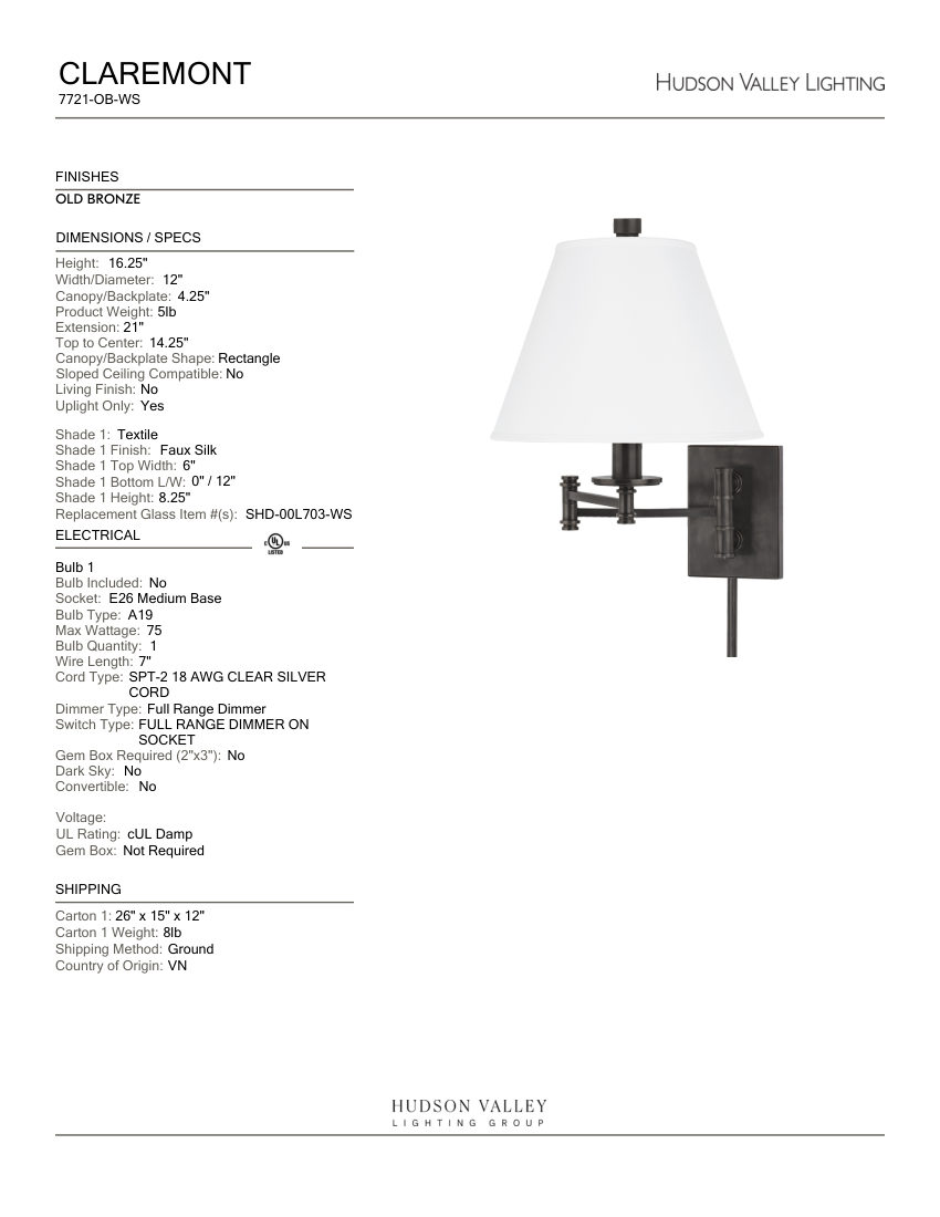 Hudson Valley Lighting 7721-OB-WS cut sheet — first page
